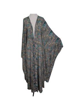 Earthbound Trading Co Floral Duster Kaftan Womens Size L/XL Green Kimono Sleeves